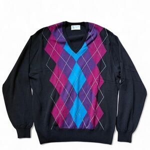 Johnstons of Elgin V-Neck Wool Sweater - Black, Purple, and Blue Argyle